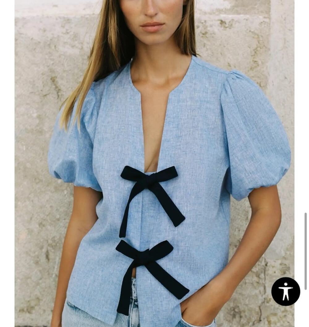 NWT M light blue linen-blend puff-sleeve top bow Zara chambray coastal womens's